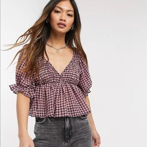 ASOS DESIGN Vneck top with shirred waist and puff ruffle sleeves pink gingham 4